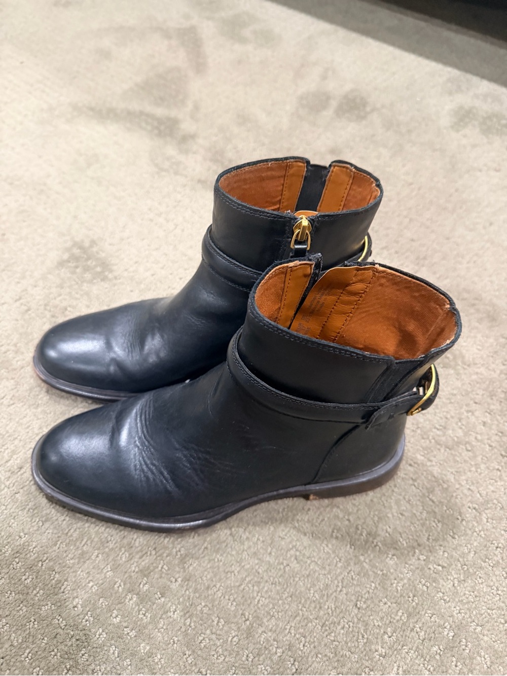 Franco Sarto Black Leather Ankle Boots with Gold Buckle